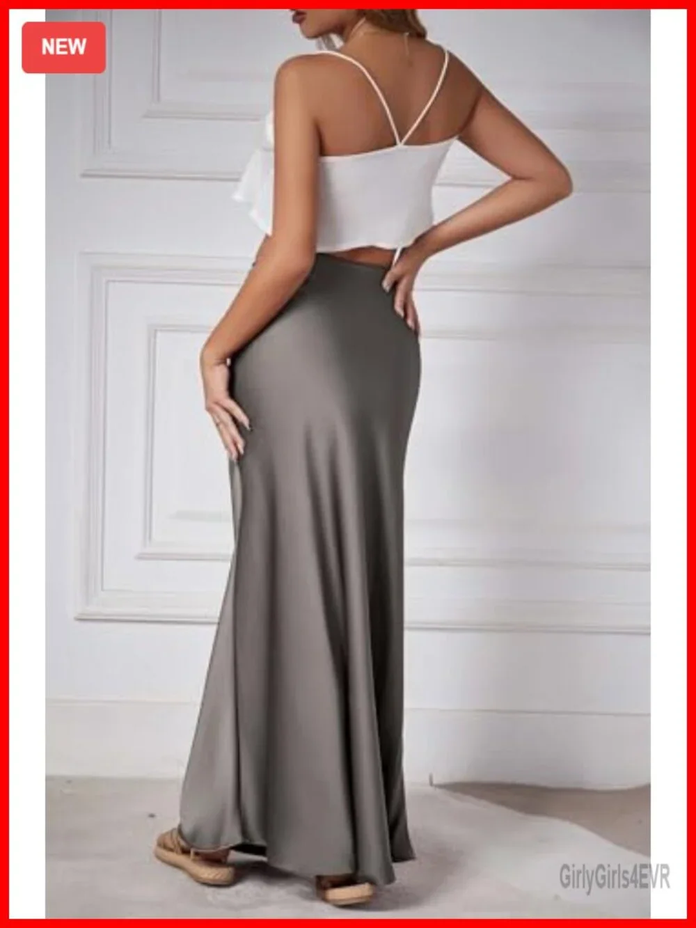 Satin Silk Maxi Skirt Drawstring A-Line Flowy Casual Long Skirt